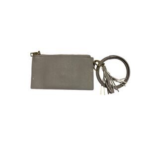 Gray Faux Leather Zip Wristlet Pouch Small Wallet Tassel Ring Strap Minimalist